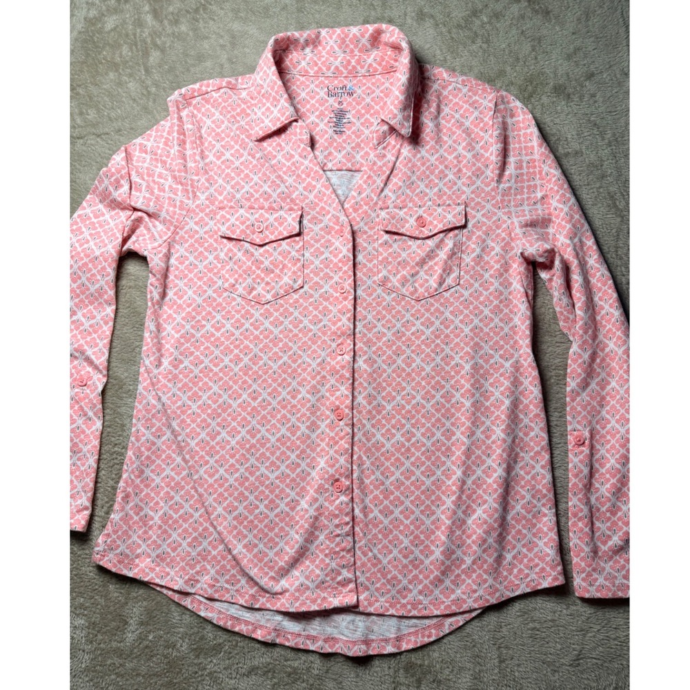 Croft & Barrow Coral Geometric Medallion Roll Tab Button Down Shirt Petite PS